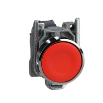 Nyomógomb komplett fém d22 piros/zöld lapos visszaugró 1ny csavaros kerek Harmony XB4 Schneider