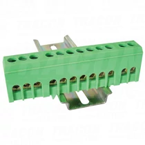 Szigetelt PE-sín 6x9mm 12x2,5-16mm2 zöld 63A sárgaréz kezeletlen TRACON
