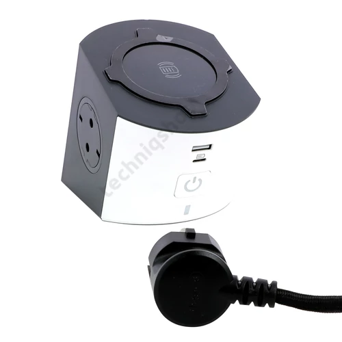 Multifunkciós elosztó 2x2P+F, indukciós töltővel, USB-A + USB-C, 2 m vezetékkel, szürke-fehér
