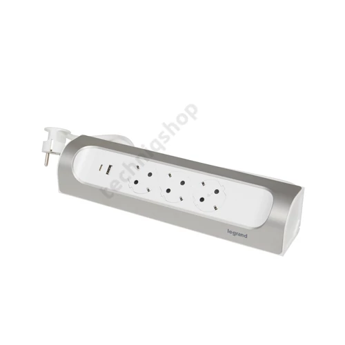 Sarokba illeszkedő elosztósor, 3x2P+F, USB-A + USB-C, 1 m vezetékkel, fehér-alumínium