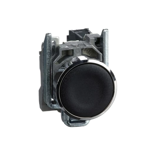 Nyomógomb komplett fém d22 fekete/fehér lapos visszaugró 1z csavaros kerek Harmony XB4 Schneider