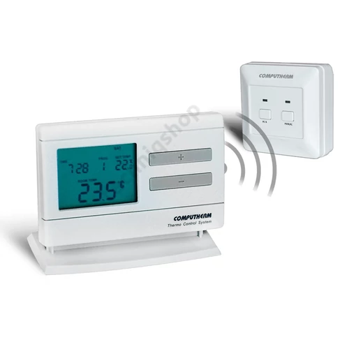 RF szobatermosztát programozható LCD +2xAA1,5V-elem +vevő digitális 5-40°C 6A 230V fehér QUANTRAX