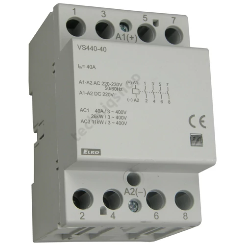 Installációs kontaktor sorolható 40A 24-400V AC/DC 2-z 2-ny 230V AC/DC-műk 3mod VS440 Elko EP