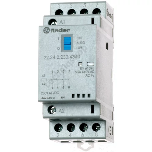 Installációs kontaktor sorolható 25A 250-440V AC 3-z 1-ny 24V AC/DC-műk 22.34.0.024.4740 FINDER