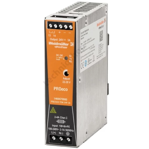 Kapcsolóüzemű DC tápegység 85-264VAC-be 80-370VDC-be 24VDC-ki 72W PRO ECO 72W 24V 3A Weidmüller