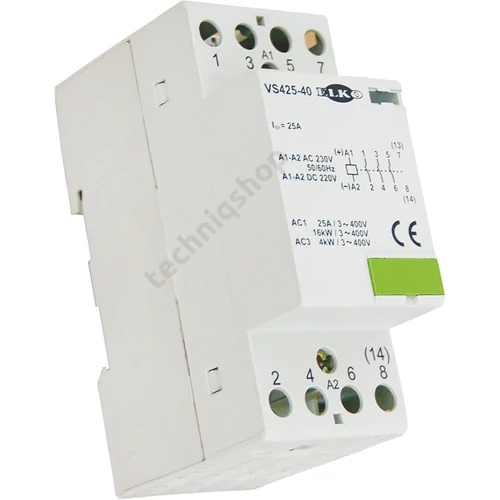 Installációs kontaktor sorolható 25A 24-400V AC/DC 4-z 230V AC/DC-műk 2mod VS425 Elko EP