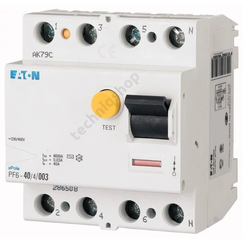 Áram-védőkapcsoló (Fi-relé) analóg 4P 40A 100mA AC-típus 6kA PF6-40/4/01 EATON