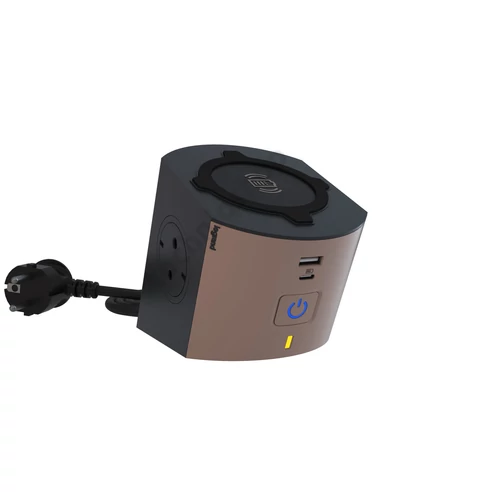 Multifunkciós elosztó 2x2P+F, indukciós töltővel, USB-A + USB-C, 2 m vezetékkel, szürke-barna Legran